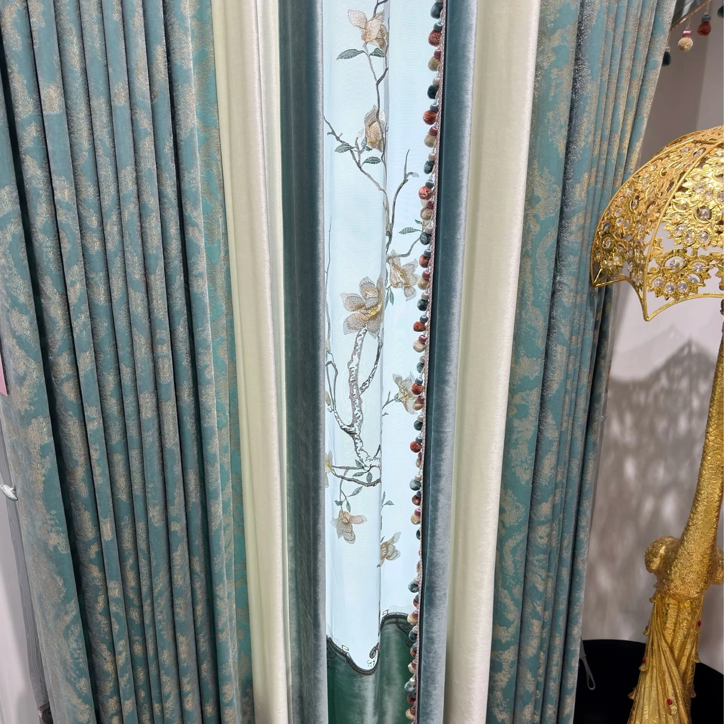 Valance Jacquard Mosaic Luxury European Embroidered Blue-green Gilded Curtains for Living Room Bedroom Window Balcony Tulle