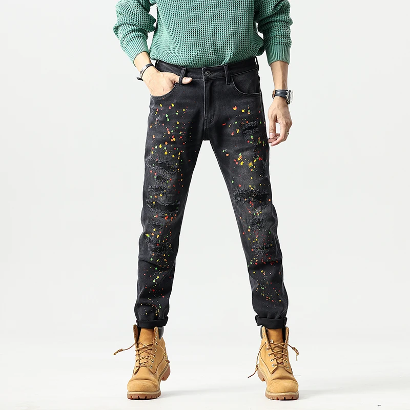 

Black Distressed Slim Fit Men's Jeans Elastic Casual Long Pants Autumn Winter Fashion Brand Paint Splatter Denim Pants