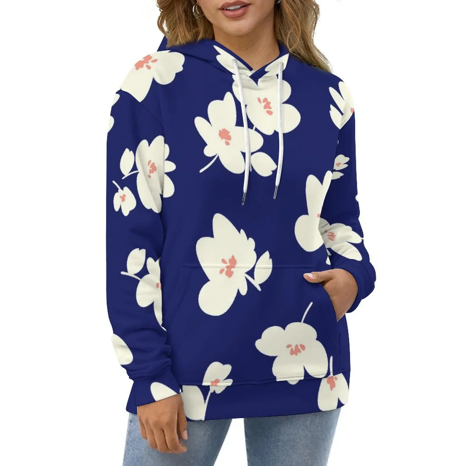 

White Daisies Print Hoodies Long-Sleeve Abstract Flower Casual Hoodie Spring Hip Hop Oversized Graphic Loose Hooded Sweatshirts