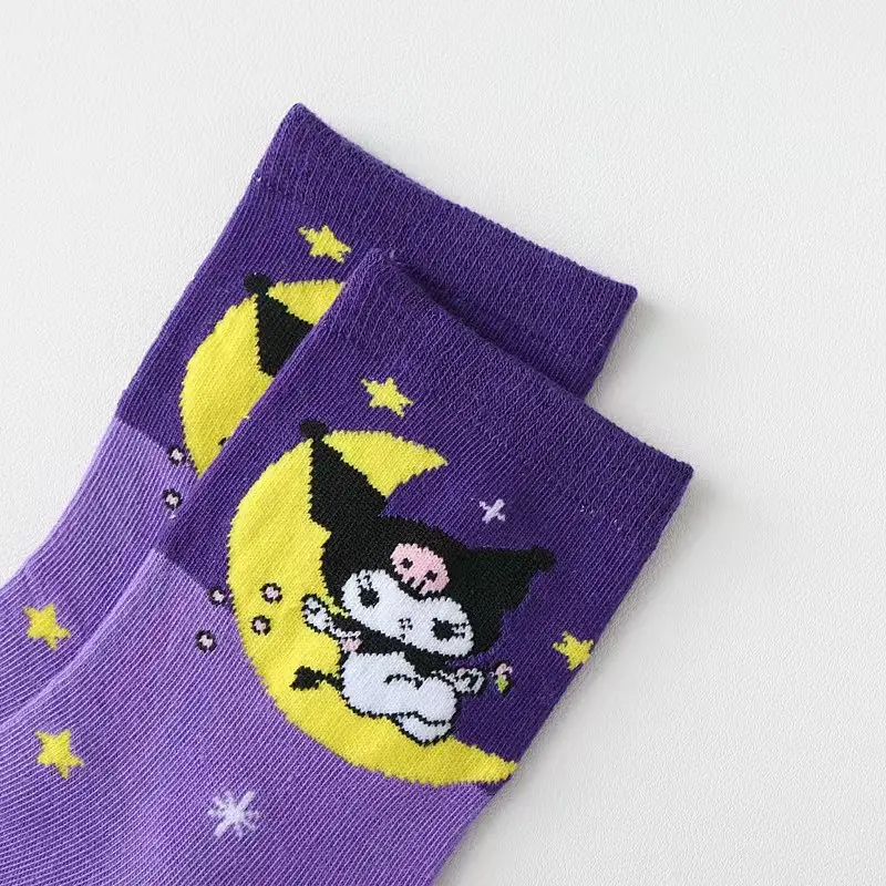 Sanrio Kuromi calcetines para niñas lindas medias de bruja púrpura peinado exquisito algodón lindo dibujos animados deportes calcetines de tubo medio