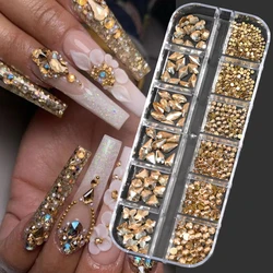 1000Pcs/box Champagne Gold Diamond Nail Crystal Mixed-Design Nail Glitter Rhinestone Non-HotFix  Manicure Rhinestone Decoration