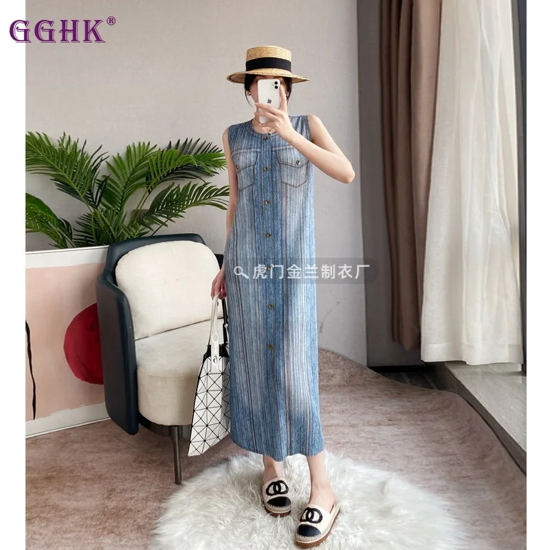 

GGHK 2024 New Cowboy Series Sleeveless Dress Hundred Temperament French Classic Models Slim Wrinkles Undershirt Dress