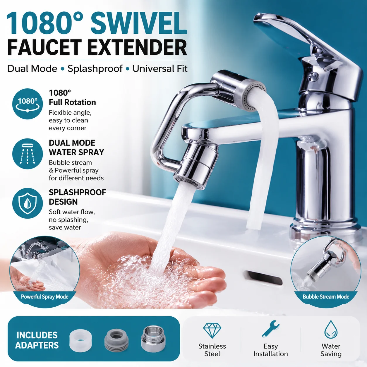 1080° Rotating Faucet Extender Stainless Steel Tap Aerator Dual Spray Mode Water Saving Adapter Kitchen Bathroom Sink Accessorie