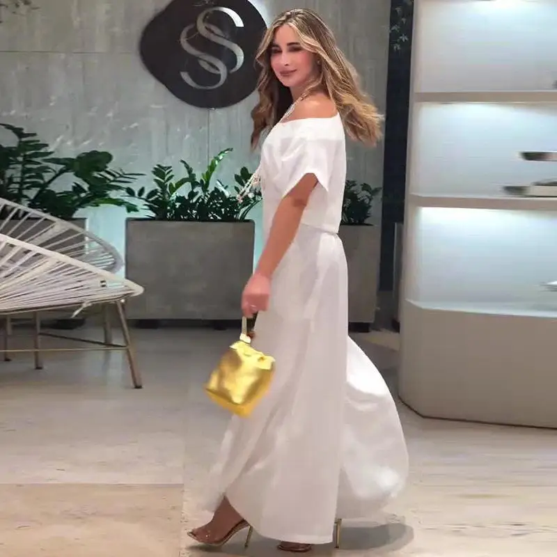 

Summer 2025 Women's Casual Off-Shoulder Pure White Loose Pants Two-Piece Set Fashionable Comfortable Breathable Cross-Border
