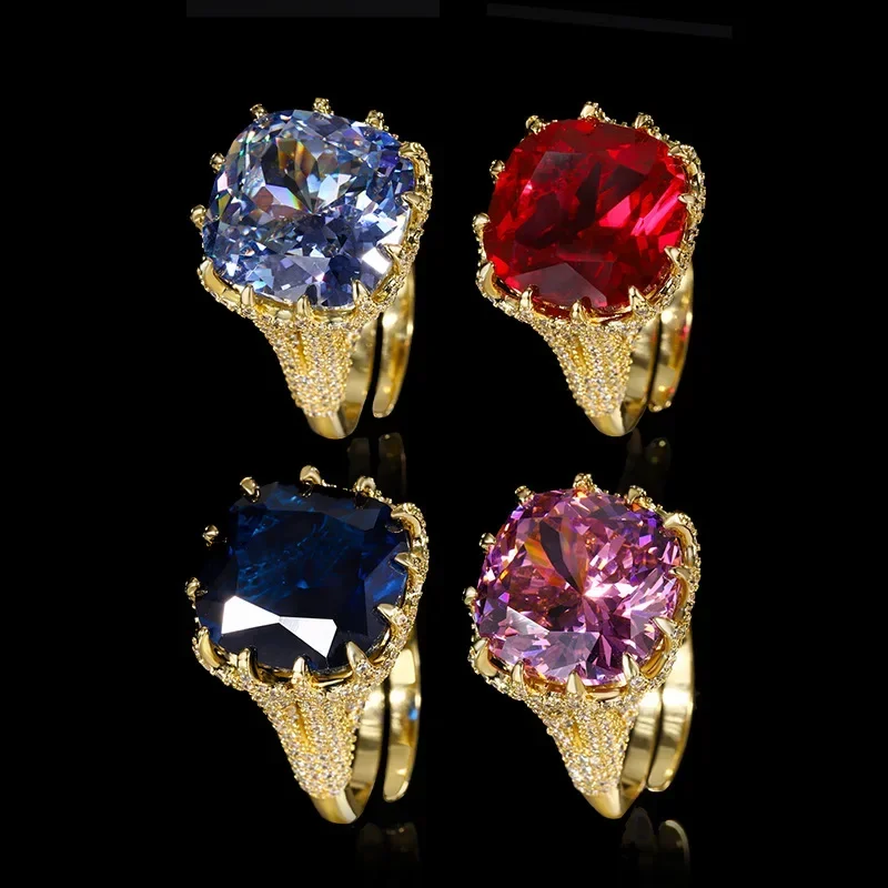 Adjustable Gold Plated Ring Ellipse Prong Setting with Red and Blue Cubic Zirconia Luxury Cocktail Party Jewelry Wedding Gift