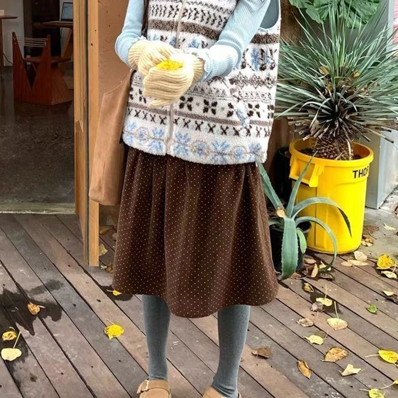 コーデュロイ水玉ミディスカート レディース ヴィンテージ ハイウエスト ボタン 秋冬スカート 原宿 Aライン オールマッチ カジュアル レトロスカート