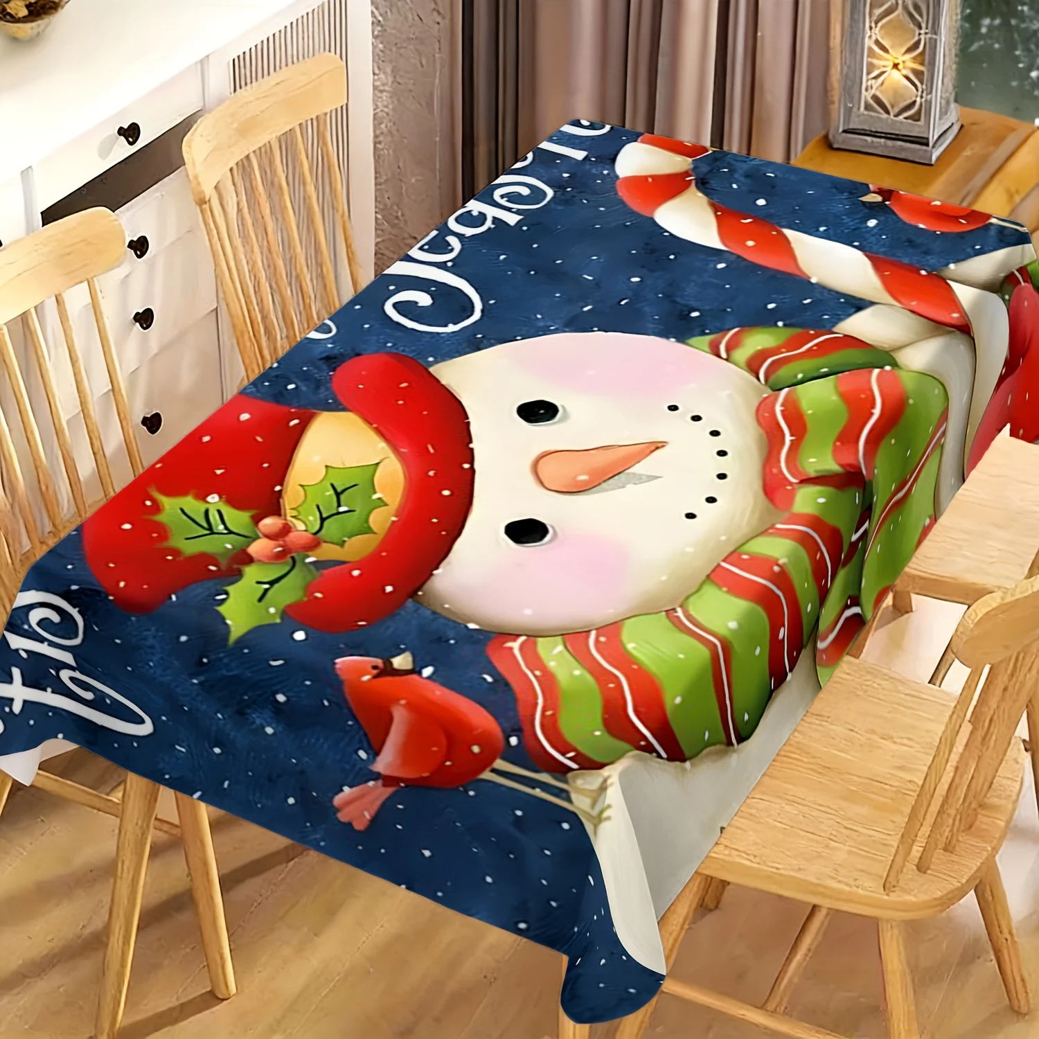 1pc 2D Flat tablecloth, Snowman with Holly Red Hat & Striped Scarf, Red Cardinal & Candy Canes Printed Tablecloth