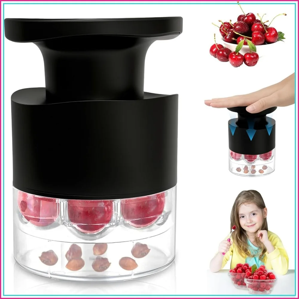 7-in-1 Cherry Pitter, Quick Release Multi Fruit Stoner, Push Button Core Remover with Splatter Guard, Pit Seed Extractor for Jam & Dishes