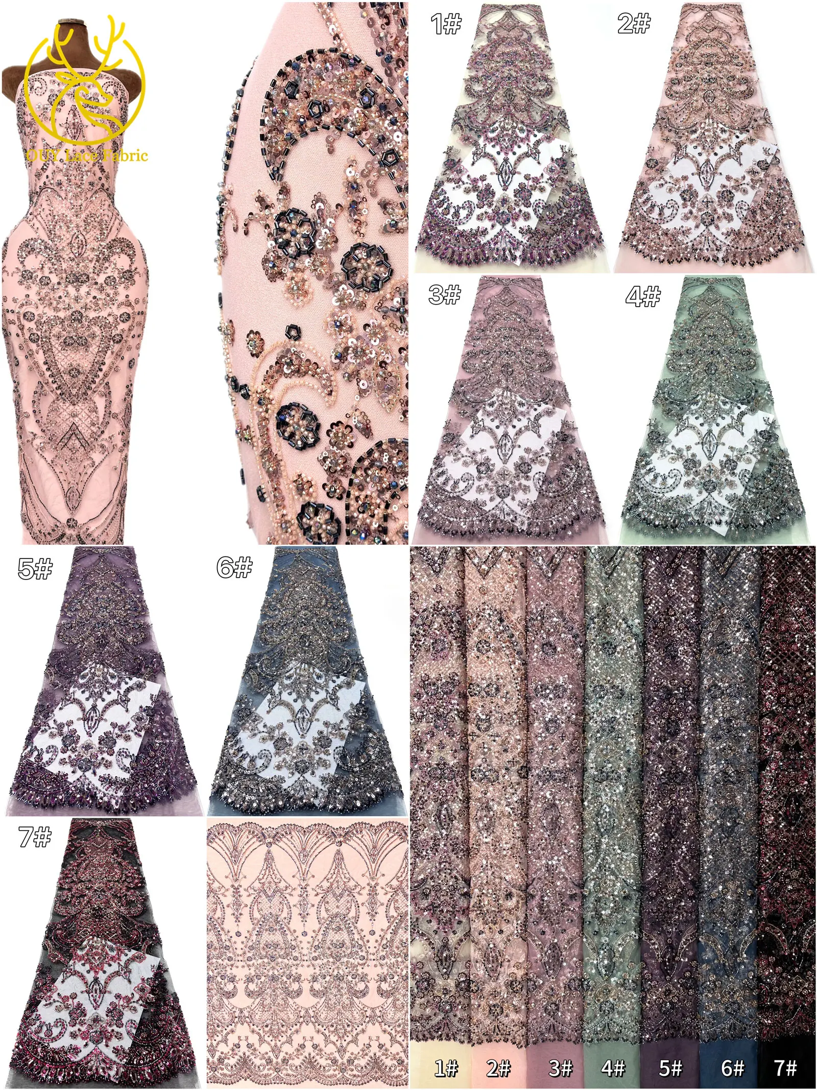 Pfirsichfarbener, hochwertiger, eleganter afrikanischer Brautkleidstoff mit Stickerei und Perlen, 2026 Nigerianische Pailletten-Spitze für Abendkleider und Hochzeitskleider zum Nähen – Detail 3