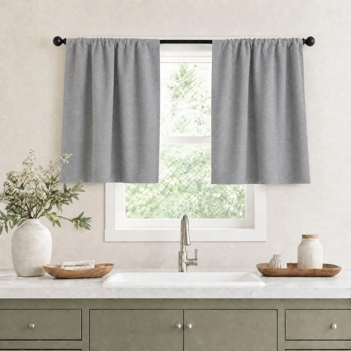 2Pcs Gray Vintage Bohemian Full Blackout Small Curtains, Faux Linen Polyester with Black Lining, 100% Blackout Privacy Style, Rod Pocket, Washable, Suitable for All Seasons, Coffee-Colored Curtains for Kitchen, Bathroom, Bay Window, Living Room, Dining Room, Office, Hallway