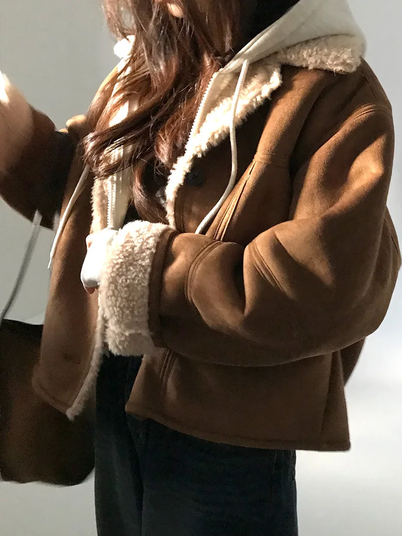 

Chic Winter Thiened Long Sve Cotton Jaet Women's Retro Merald Inteated Leather Fur Outerwear Loose Fit Warm Coat