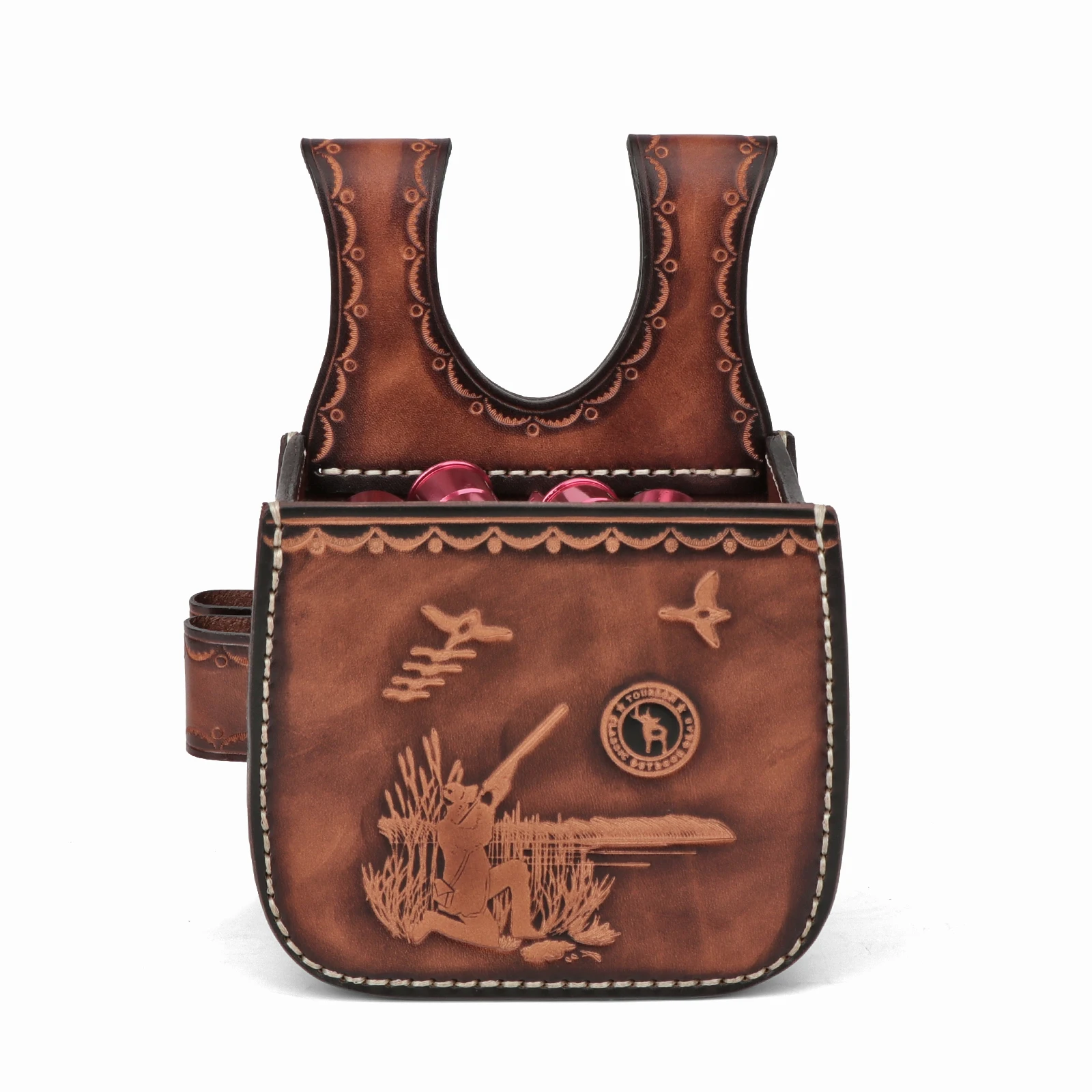 Tourbon Hunting Leather Shotgun Cartridges Pouch Ammo Waist Bag Case Gun Shell Pouch with 2 Bullet Loop for 12/16/20 Gauge Brown view 3