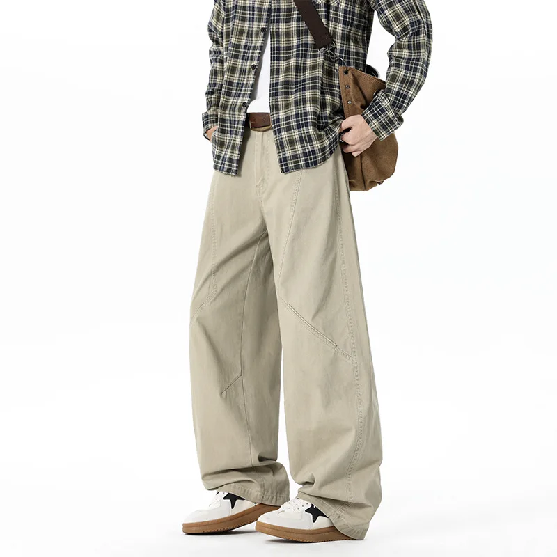 Men's Loose Wide Leg Cargo Pants Vintage Solid Color Panel Stitching Baggy Trousers Casual Streetwear Straight Long Pants Spring