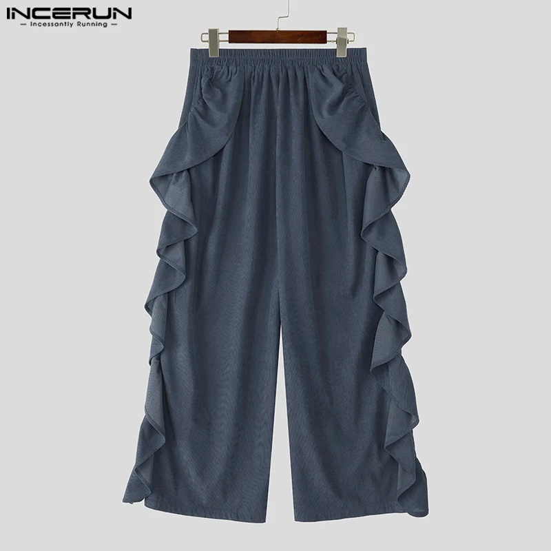 

INCERUN Men Pants Solid Color Ruffle Elastic Waist Male Corduroy Pants Streetwear Loose Personality Fashion Casual Trousers Men
