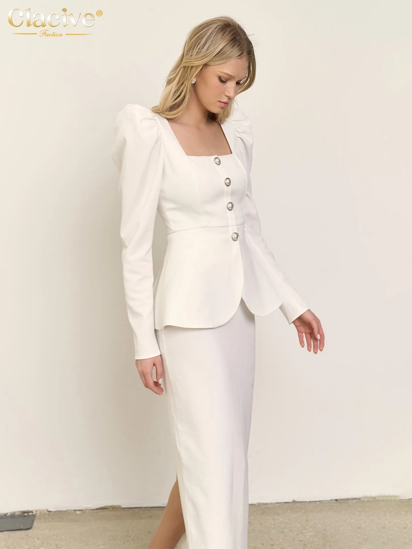 Clacive Elegant White Office Women's Sets 2024 Fashion Long Sleeve Shirt With High Waist Midi Skirts Sets For Women 2 Pieces