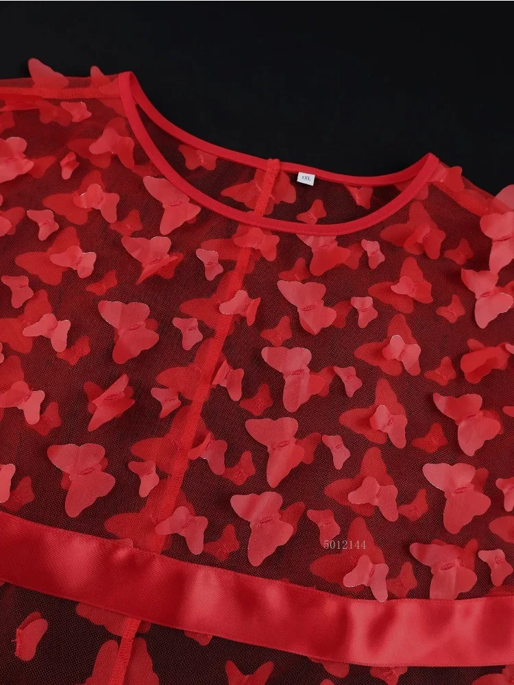 Elegancka sukienka midi damska z przezroczystym płaszczem z siateczki, dekolt w kształcie litery O z motywem motyla 3D, bez rękawów, plisowana, stylowa suknia wieczorowa na przyjęcie, wesele, dla gości weselnych.