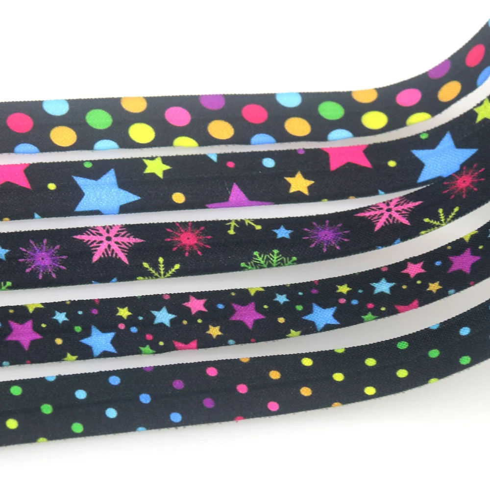 DHK 5/8 \'\'5yards Christmas Neon Star Snowflake Dot Printed Fold elastico FOE Stretch Ribbon accessori Craft cucito fai da te E2076