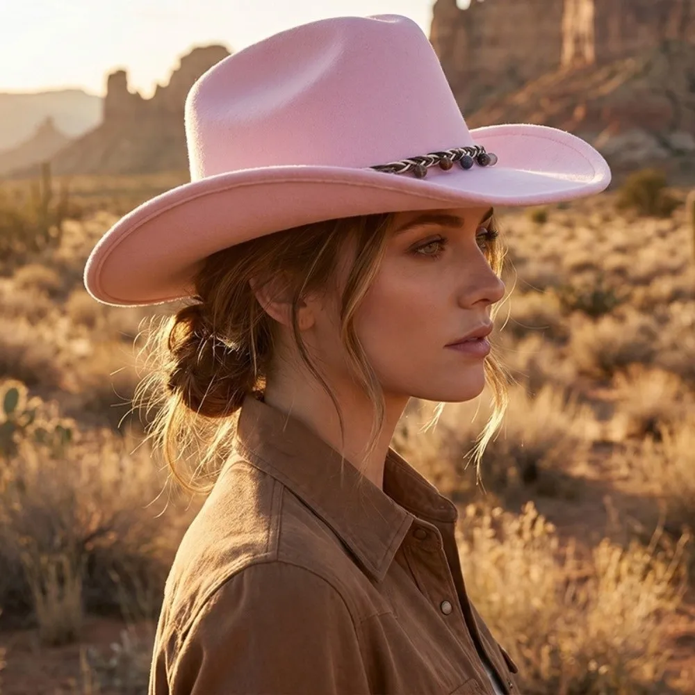Felt Cowboy Hat Decorative Chain Band Curved Brim Fedora Hat Vintage Western Style Structured Crown Western Hat Travel Wear