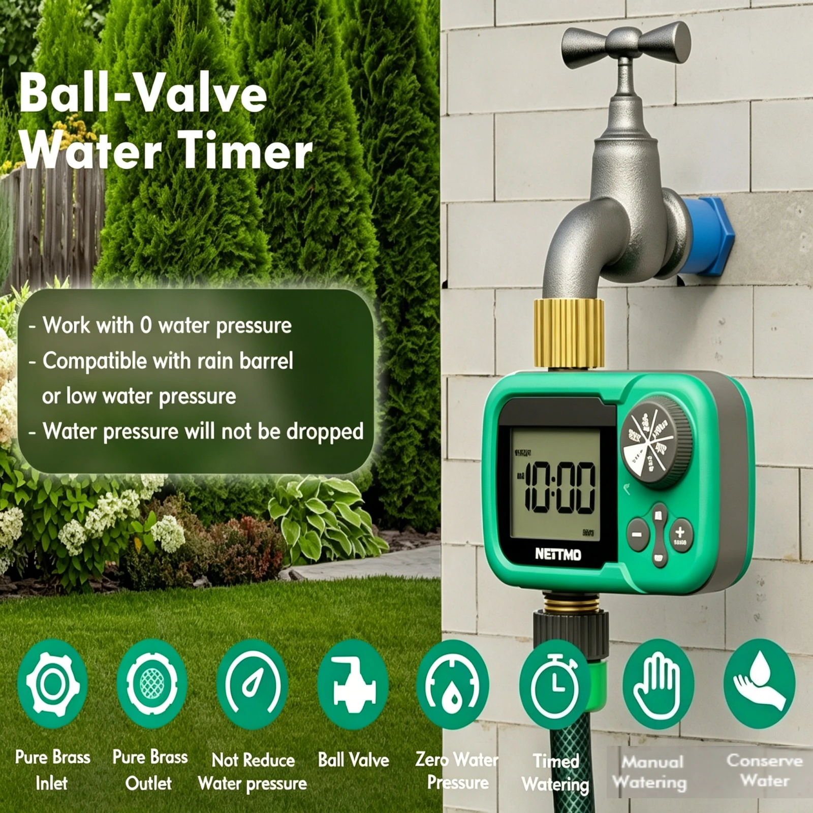 Muti-Functional Sprinkler Timer with Brass Inlet&Outlet Zero Water Pressure Large Display House Outdoor Water Flow Controller