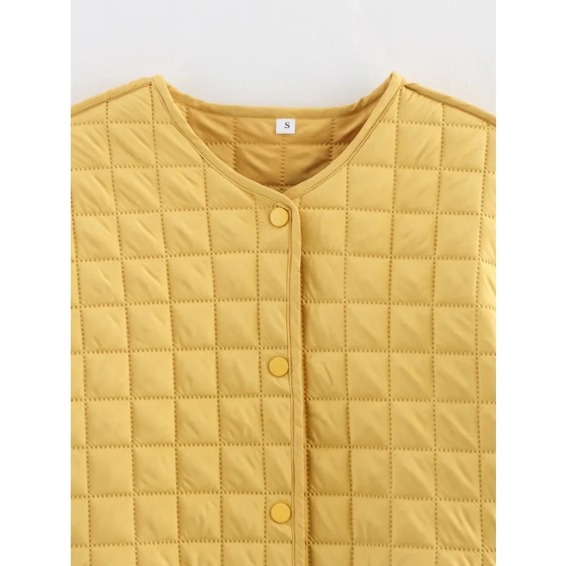 Women's Clothing Winter O Neck Long Sleeves Single Row of Buttons Checkered Pattern Cotton Coat Outerwear Lightweight Jacket