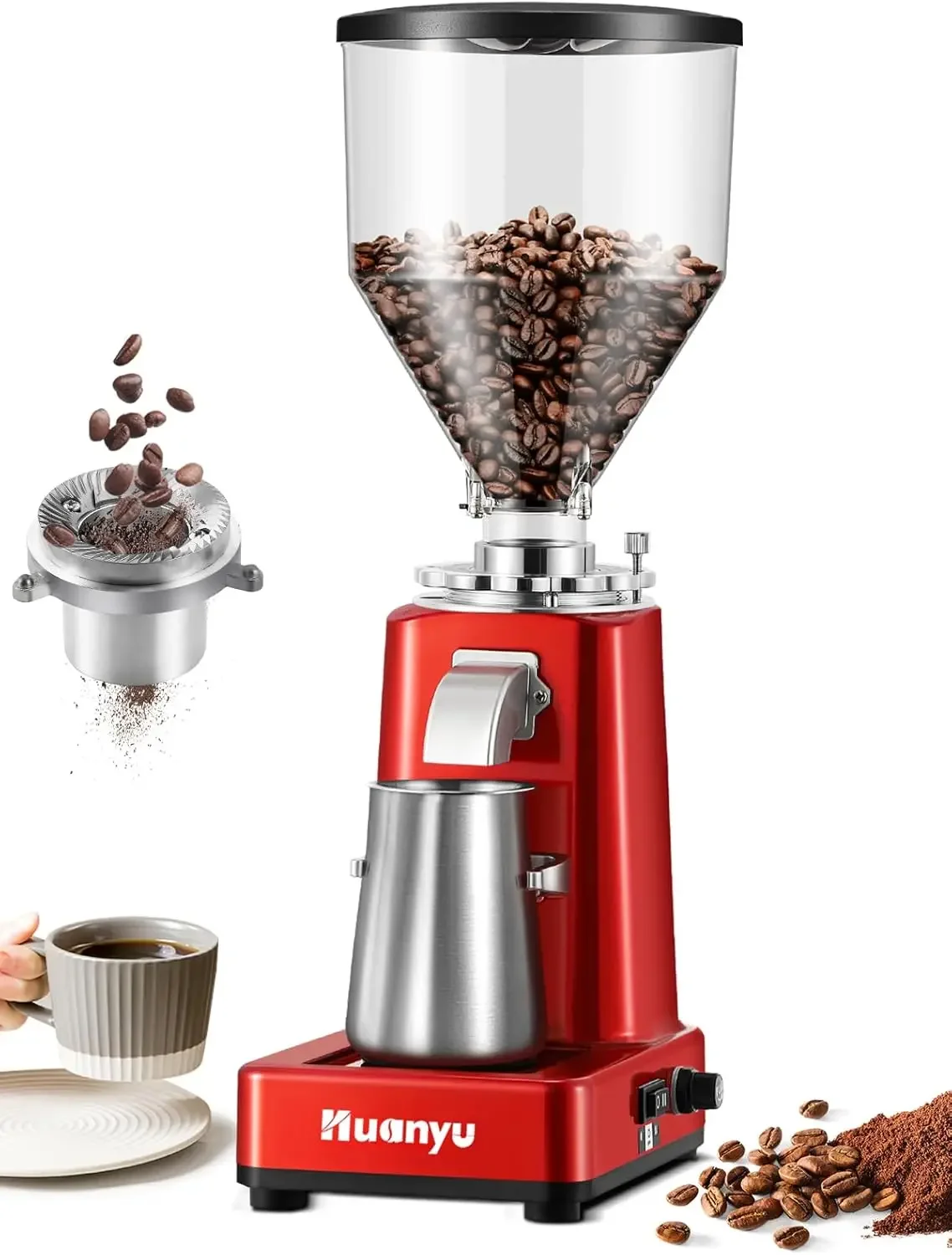 

Stainless Steel Burr Grinder Flat Burr Grind Settings Capacity Dosing Espresso Pour Over French Press Red
