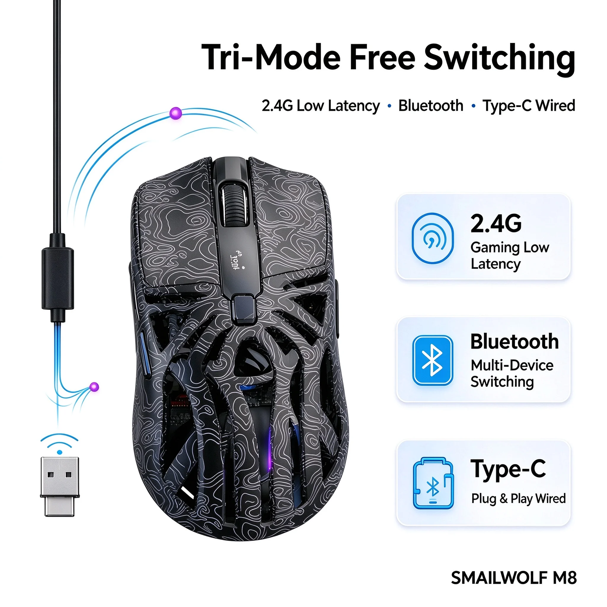 SMAILWOLF M8 Wireless Mouse Bluetooth Triple-Mode Gaming Notebook Computer PAW3311 Sensor Spider Skeleton Design