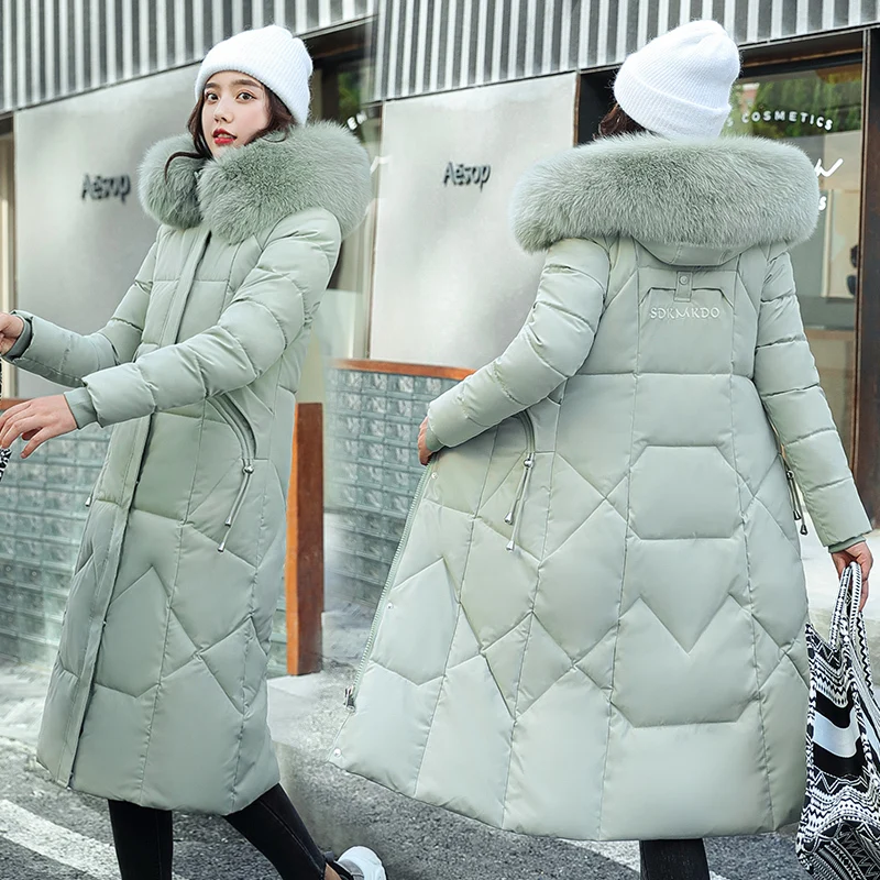 Casaco de algodão coreano feminino, longo puffer parkas de inverno, casaco grosso e quente com capuz, casaco de algodão acolchoado, novo, 2023