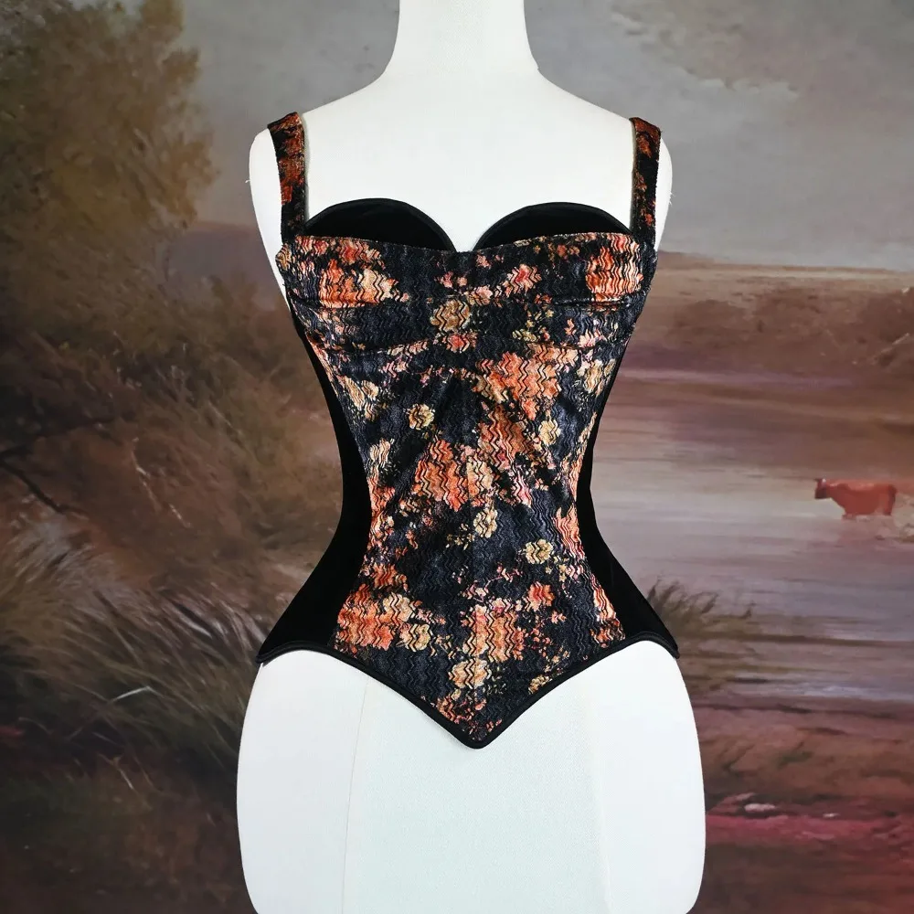 

Women Floral Corset Bustier Crops With Bra Lace Up Boned Slim Waist Traine Shaping Tops Push Breast Stage Costume