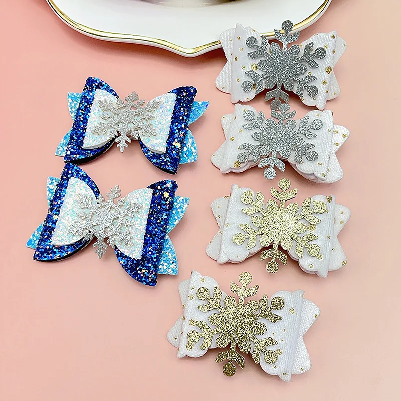 إكسسوارات شعر ندفة الثلج للأطفال لعيد الميلاد، تزيين العطلات للفتيات، أميرة، مشابك شعر بقوس لامع، حقيبة كاملة رائعة