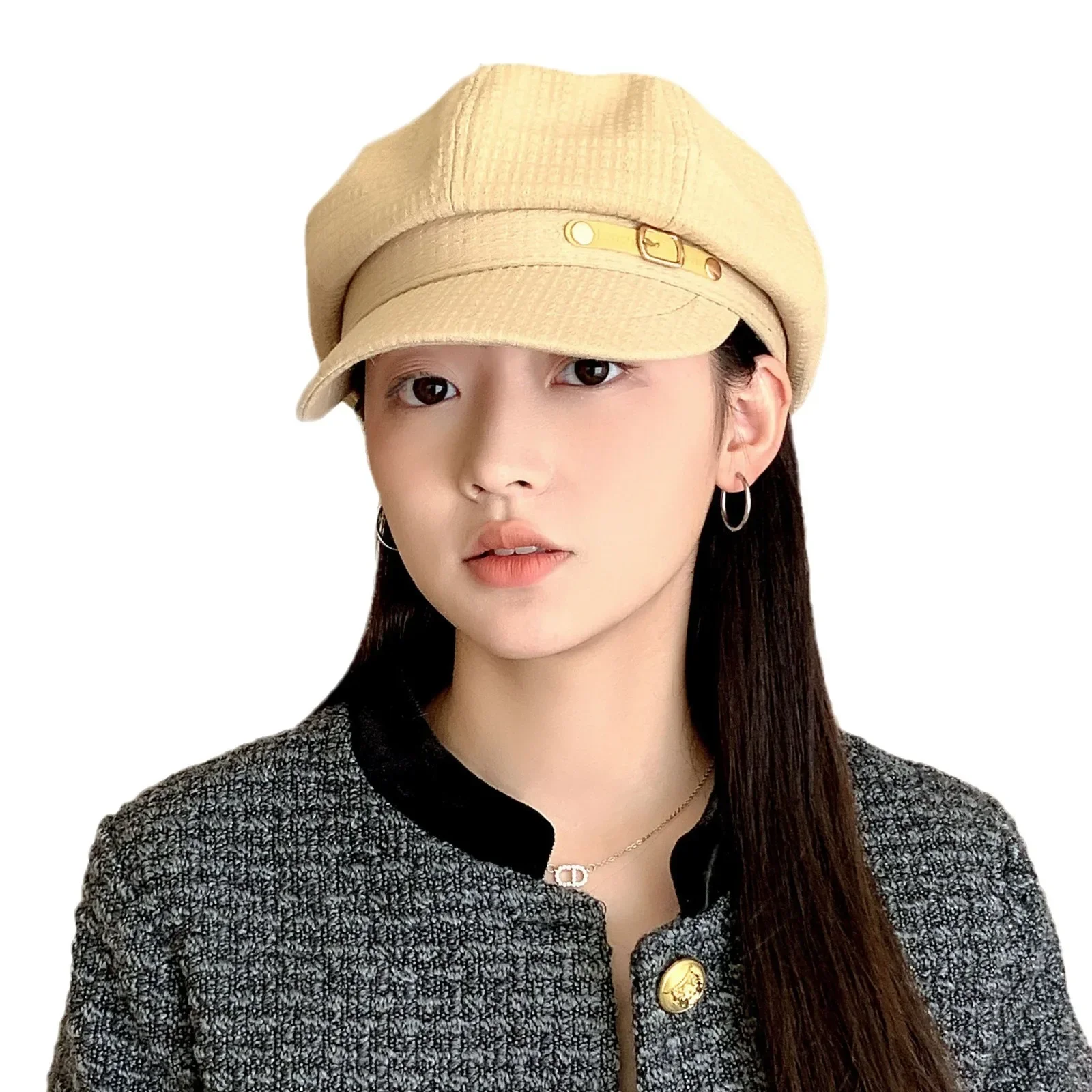 Korean version of fashion button octagonal hat autumn and winter new duck tongue beret Internet celebrity ins painter hat woman