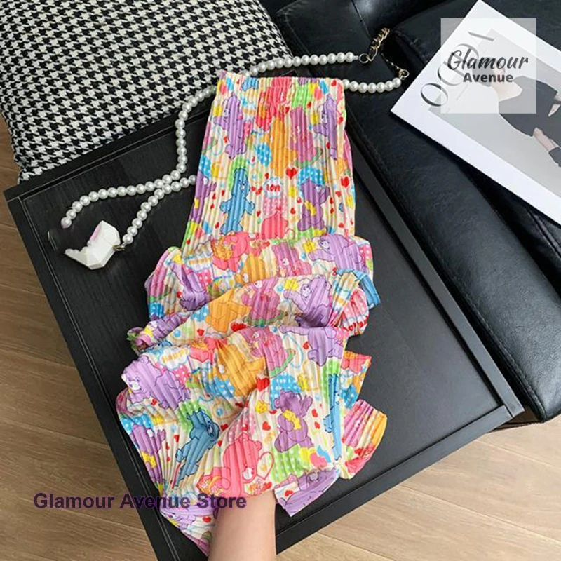

French cartoon printed pleated pants women's summer new high waist drape niche thin casual pants loose slim Joker mop pants.