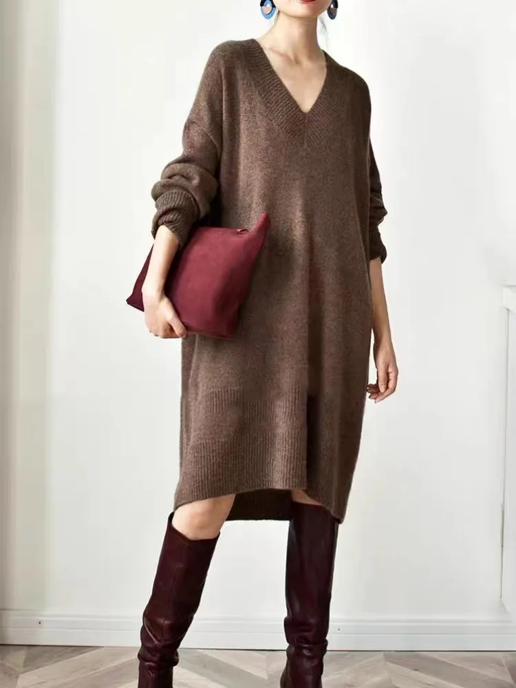 Cashmere V-neck long knit pullover lazy loose sweater knit dress