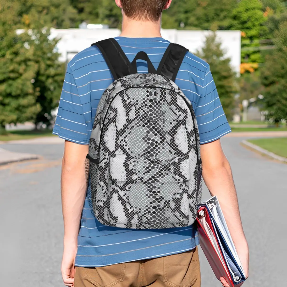 Gray Snake Skin Animal Print Backpack Student BookBag Men Women School Bag Laptop Shoulder Bags