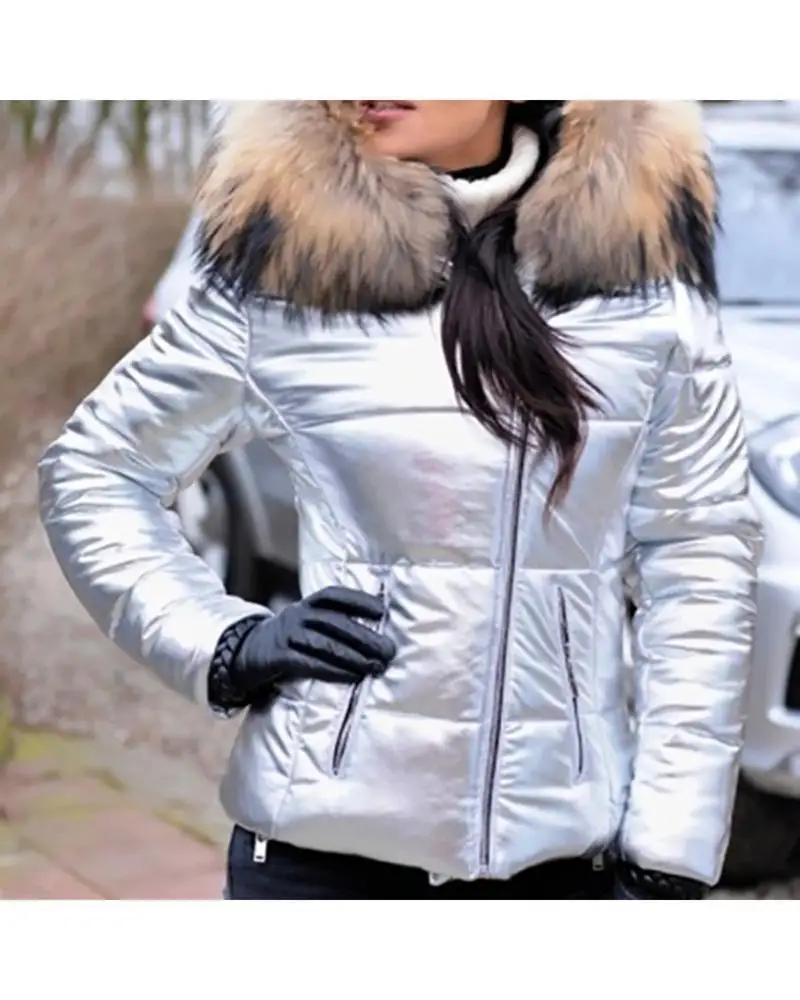 New Hood Solid Color Fur Hooded Jacket Autumn Winter New Women's Cotton-Padded Down Short Parka Coat Jacket Fashion Casual