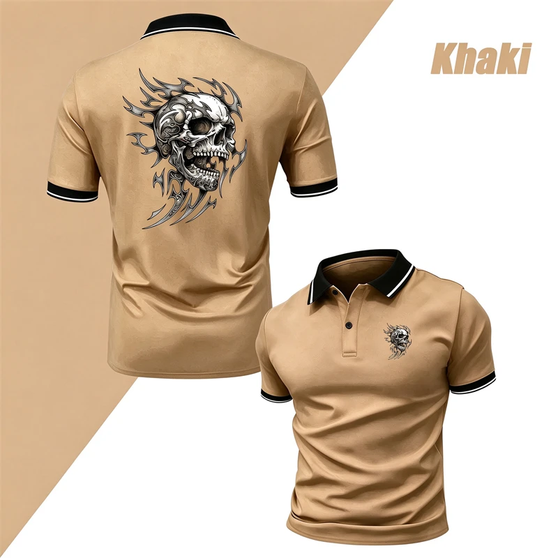 Gothic Style Meets Smart Casual in a Skull Print Short Sleeve Polo Shirt with Contrast Trim and Button Collar for Everyday Wear