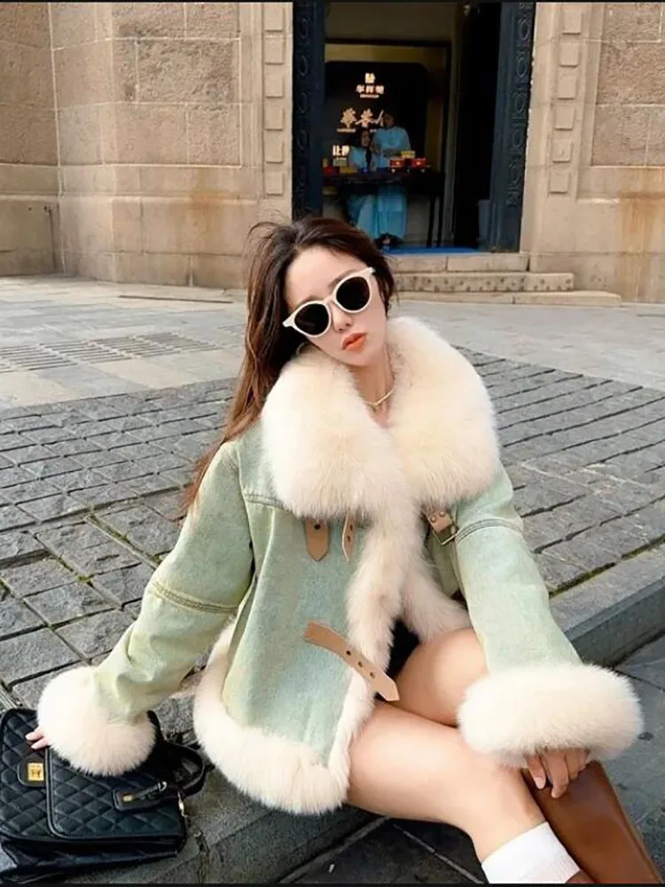 Large Fur Collar Denim Jackets Women Outwear Duck Down Liner Down Jacket Sort Motorcycle Jacket 2024 Winter New Thick Warm Parka