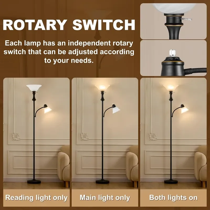 Torchiere Floor Lamp with Adjustable Angle Reading Lamp Black 71IN