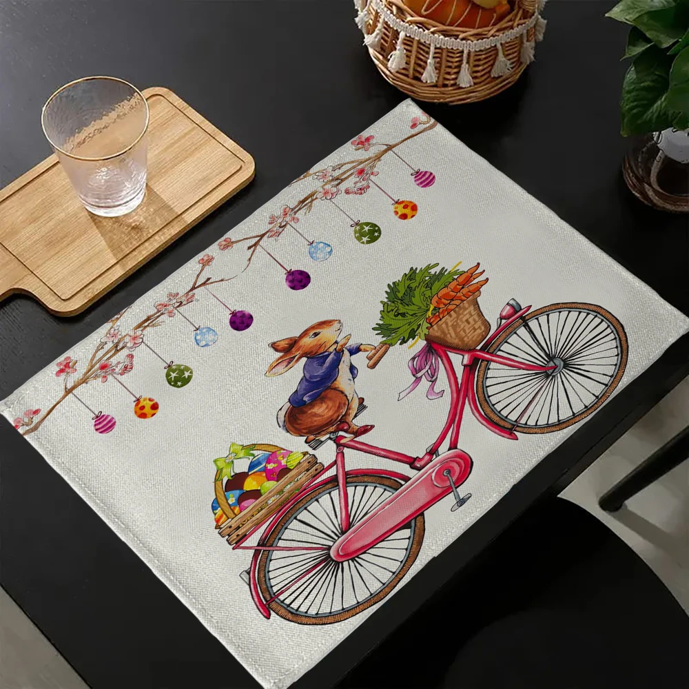 Easter Bunny Print Linen Dining Table Mats Alphabet Kitchen Placemat 30X40cm Coasters Pads Bowl Cup Mat