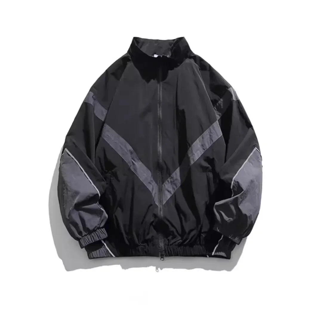 

Модная мужская куртка с капюшоном на молнии в американском стиле, свободная посадка, повседневная осенняя модная тонкая куртка со светоотражающим лоскутным воротником-стойкой