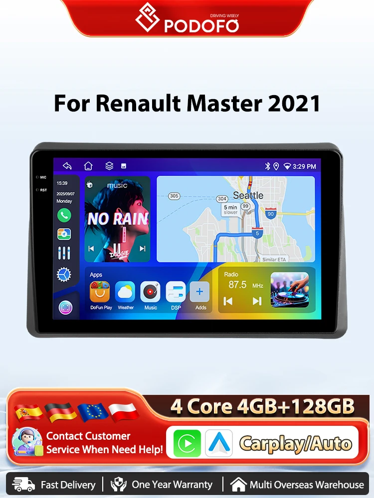 Podofo 10'' Auto-Multimedia-Player für Renault Master 2021 Android CarPlay GPS Autoradio WIFI FM/RDS KI-Sprachsteuerung Auto-Stereoanlage DSP EQ