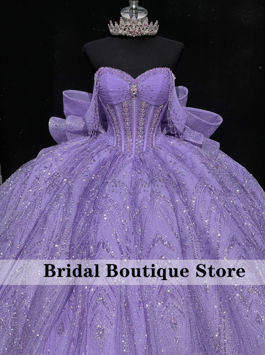 Lavender Purple Ball Gown Quinceanera Dresses Beading Crystal Diamonds Bow Corset Off Shoulder Sweet 16 Dress Customized