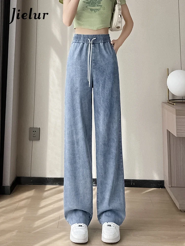 

Jielur Straight Solid Color Slim Female Jeans Summer Elastic Waist Light Blue Fashion Simple Women's Wide Leg Pants Streetwear