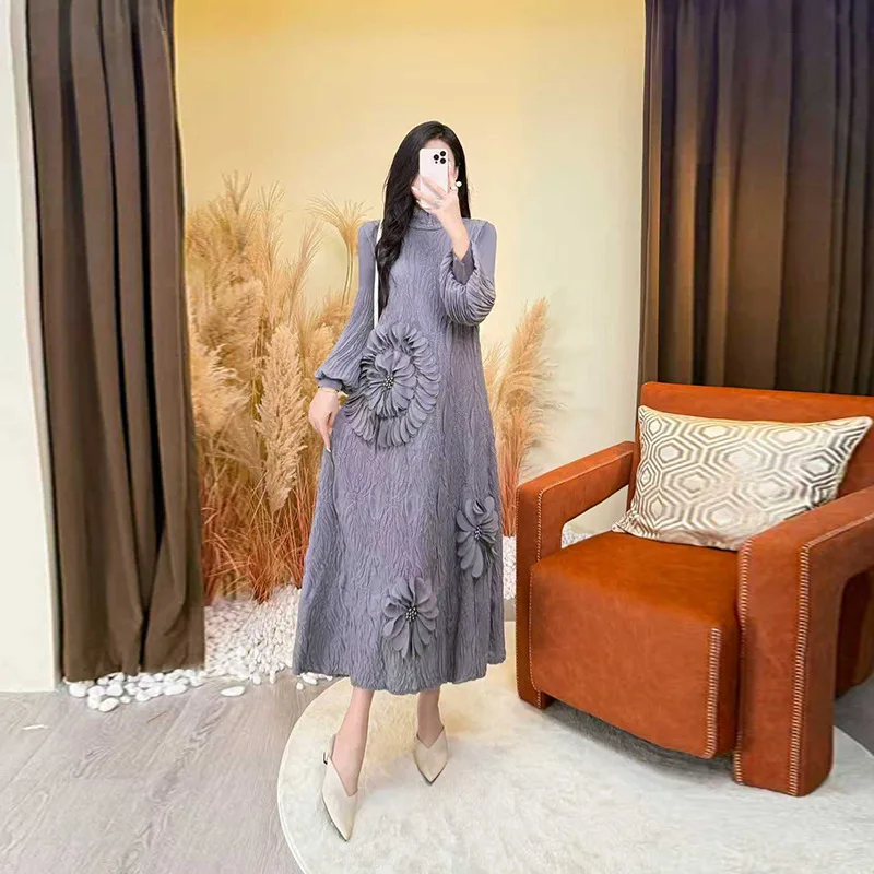 ミヤケプリーツ2025秋冬刺繍ドレス、ライトラグジュアリーハイエンドスタンドフラワー弾性メッシュルーズロングスカート