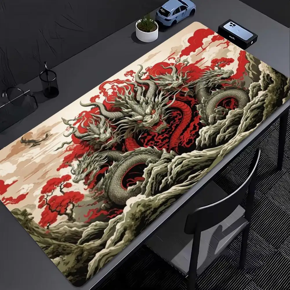 Large XXL Gaming Mouse Pad Chinese Dragon Phoenix Xuanwu Art Deskmat Non‑Slip Rubber Keyboard Mats Oriental Myth Mousepads