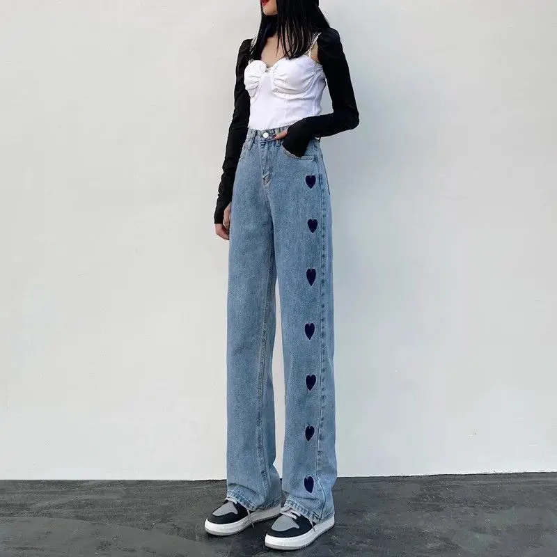 

Casual High Waist Denim Wide Leg Pants Women Loose Heart Embroidered Jeans Korean Fashion Trousers Clothes Trendy