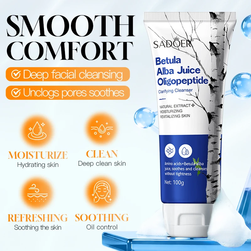 Limpiador Facial de Jugo de Abedul Blanco SADOER, Espuma Humectante y Blanqueadora, Limpieza Profunda, Antienvejecimiento, Cuidado de la Piel