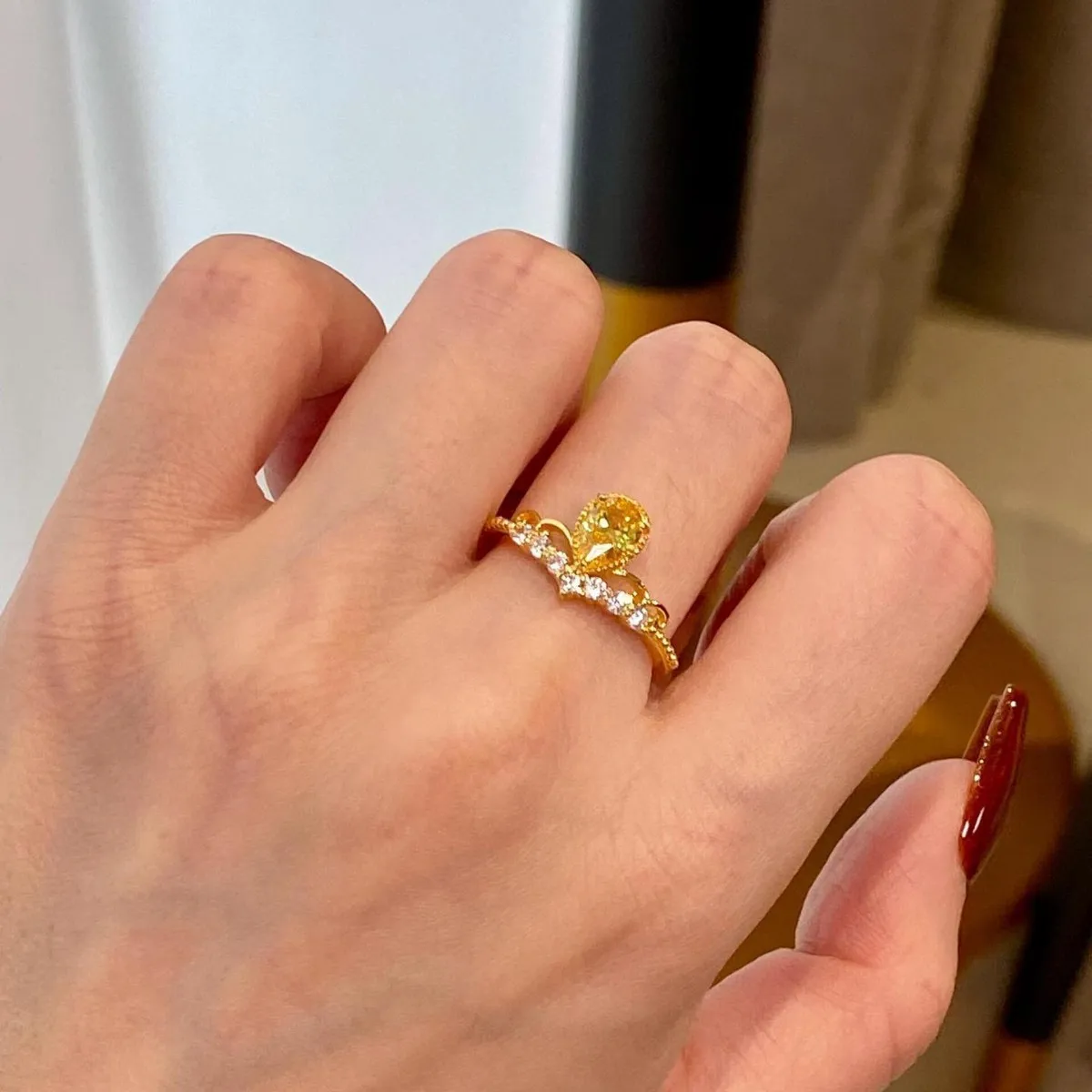 خواتم تاج أنيقة على شكل قطرة الماء للنساء، خاتم فاخر ورائع من الأحجار الكريمة الصفراء الفاخرة، هدايا مجوهرات للولائم اليومية