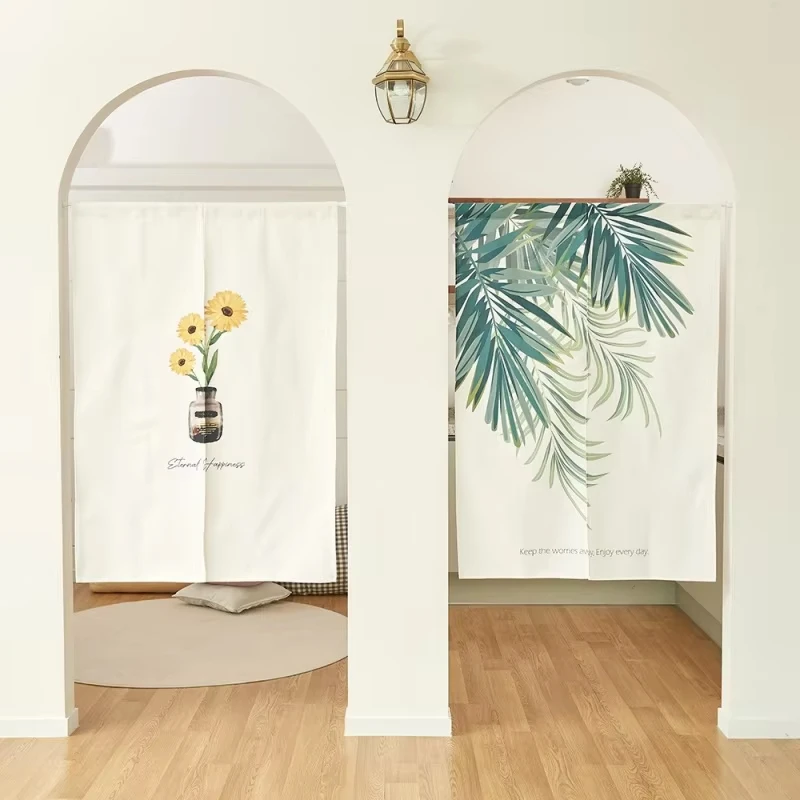 VIKAMA Sunflower Palm Leaf Noren Door Curtain Minimalist Botanical Print Short Curtain For Kitchen Bedroom Home Decor