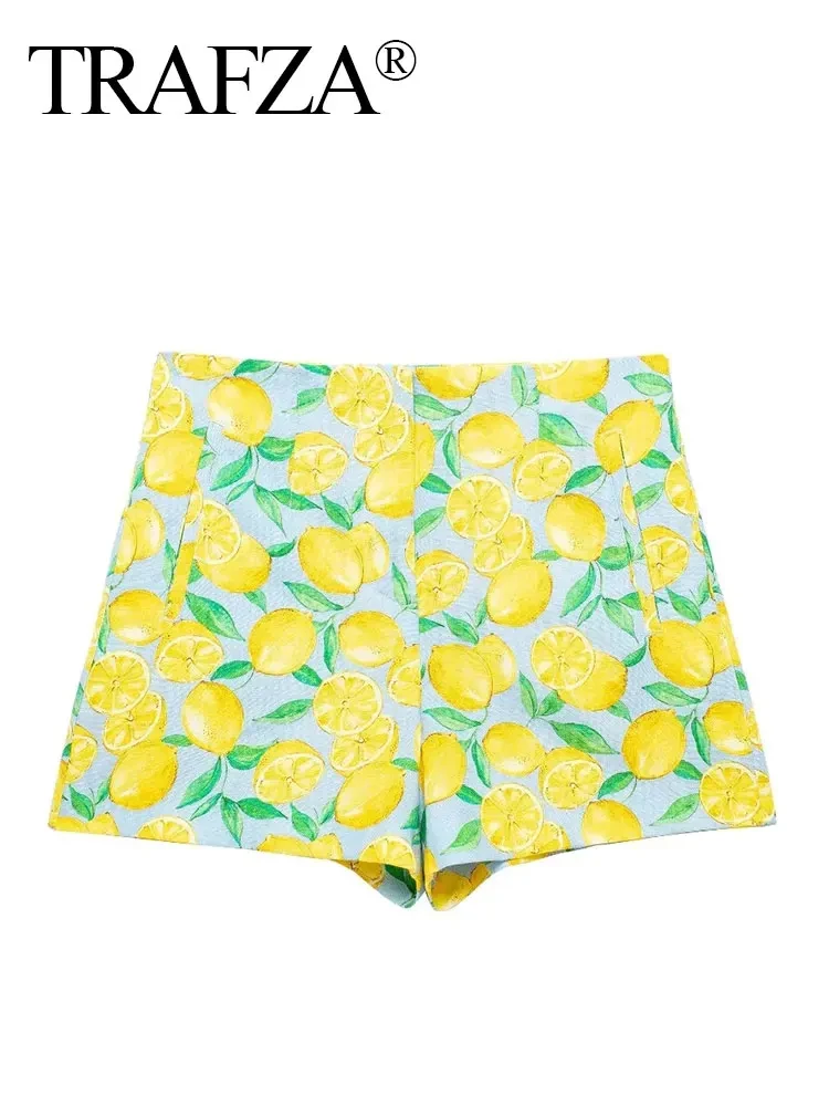 TRAFZA Fashion Lemon Printed Shorts for Woman Elegant Zipper Fly High Waist Short Pant Female Summer Sweet Shorts Streetwear