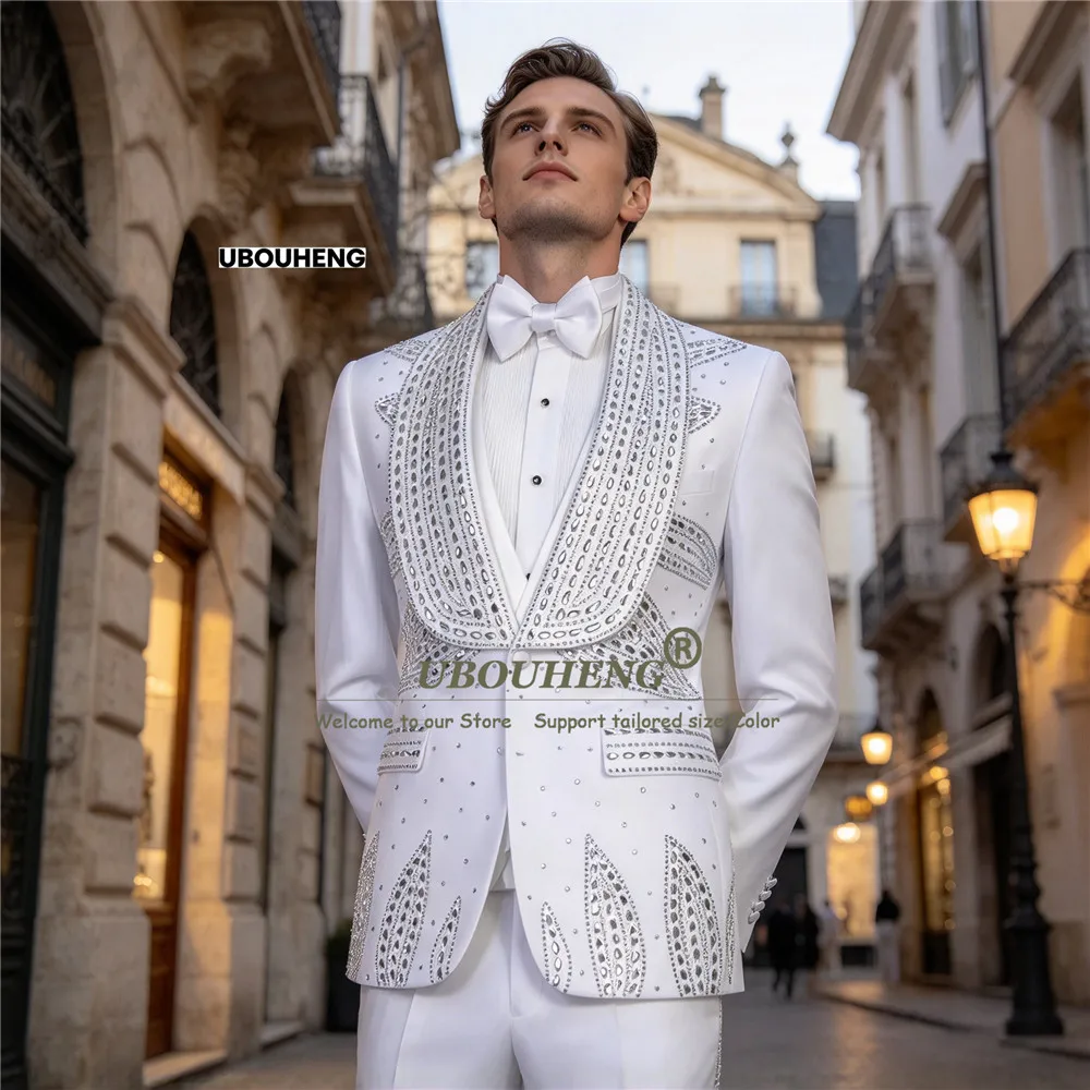 Exclusive Pink Suits Men For Wedding Guest Beaded Stones Shawl Lapel Groom Prom Tuxedo Suit Formal Wear Victorian Tailcoat Man